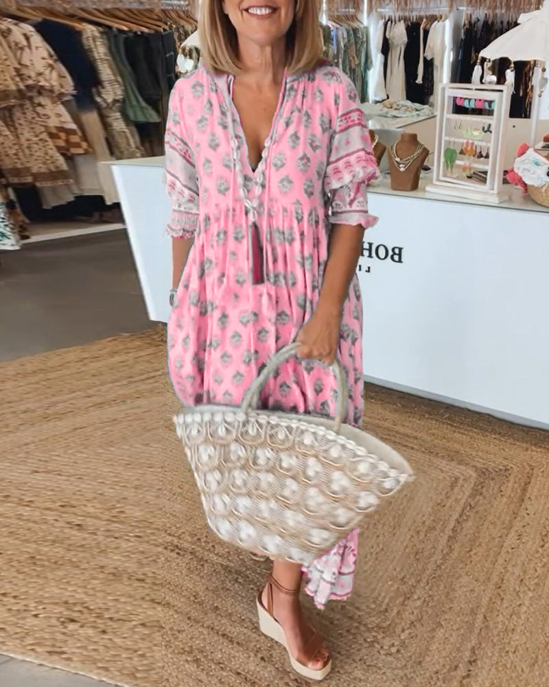 Miya - Casual Printed V-neck Half Sleeve Dress
