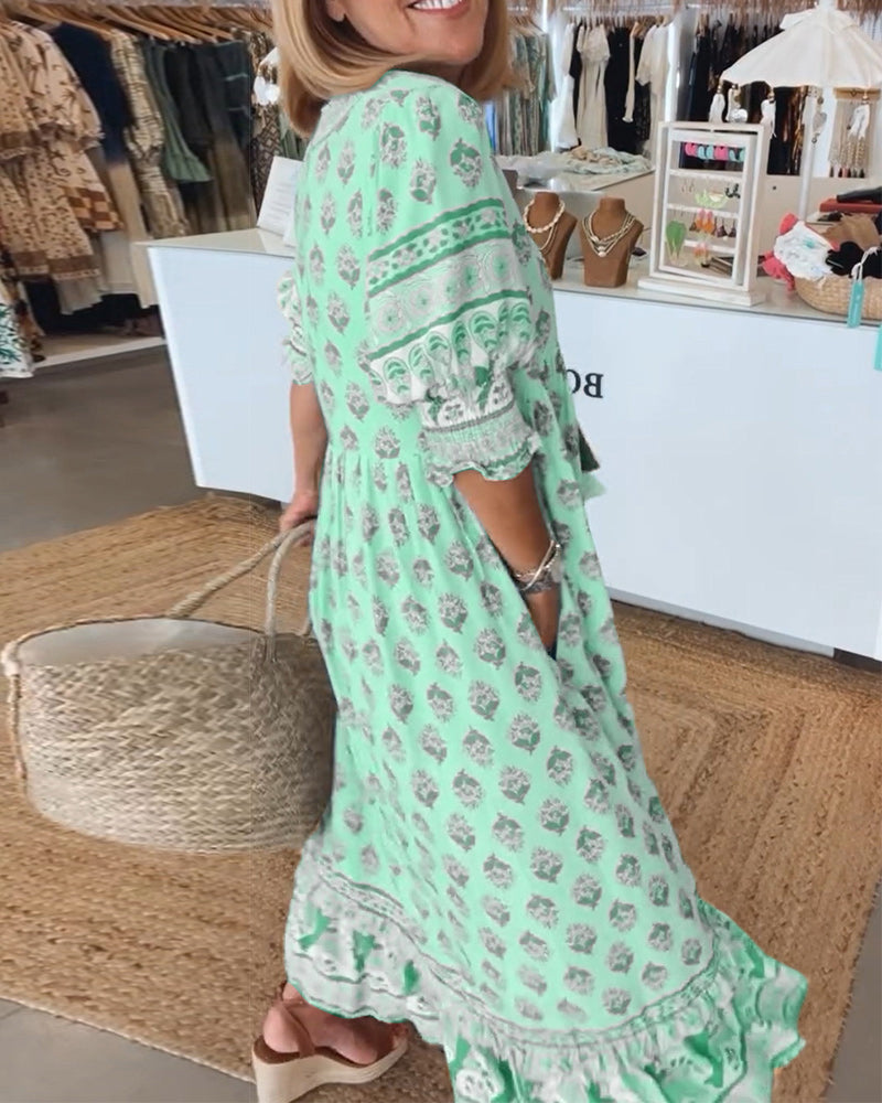 Miya - Casual Printed V-neck Half Sleeve Dress